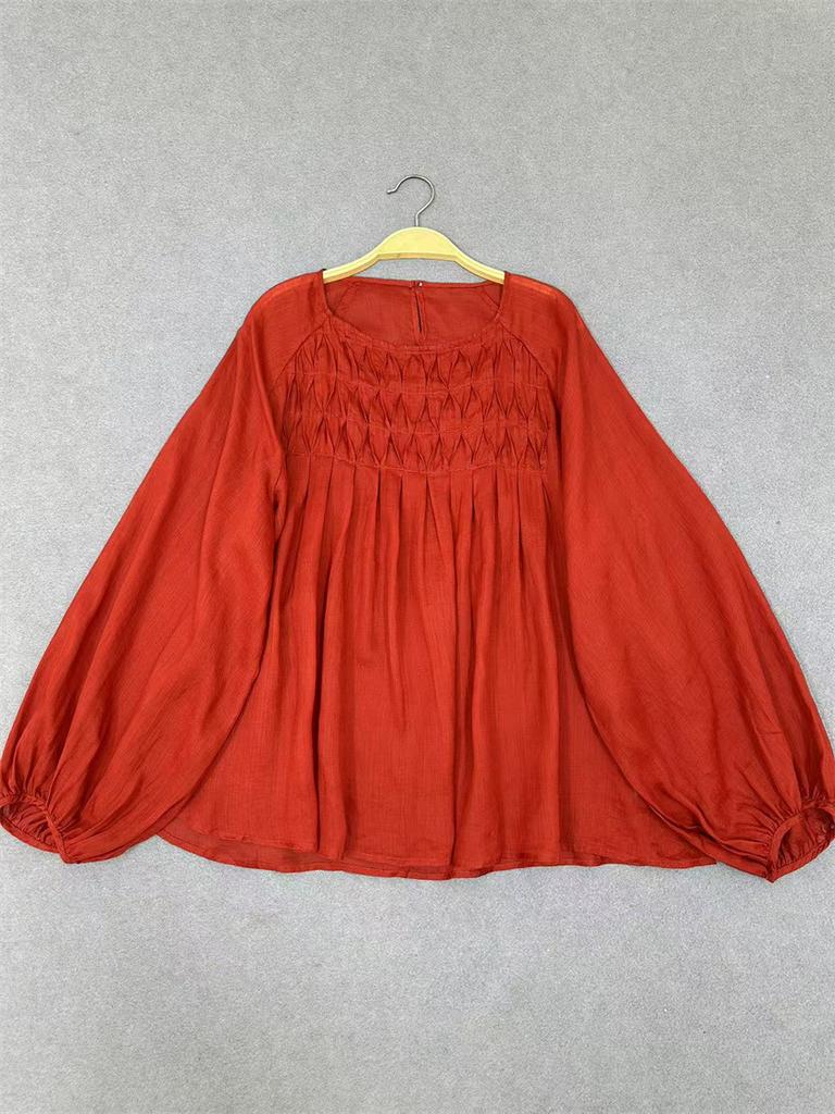 Johnature Summer Japanese Korean Forest Retro Round Neck Pressed Pleats Versatile Loose Shirts Casual Thin Women Tops