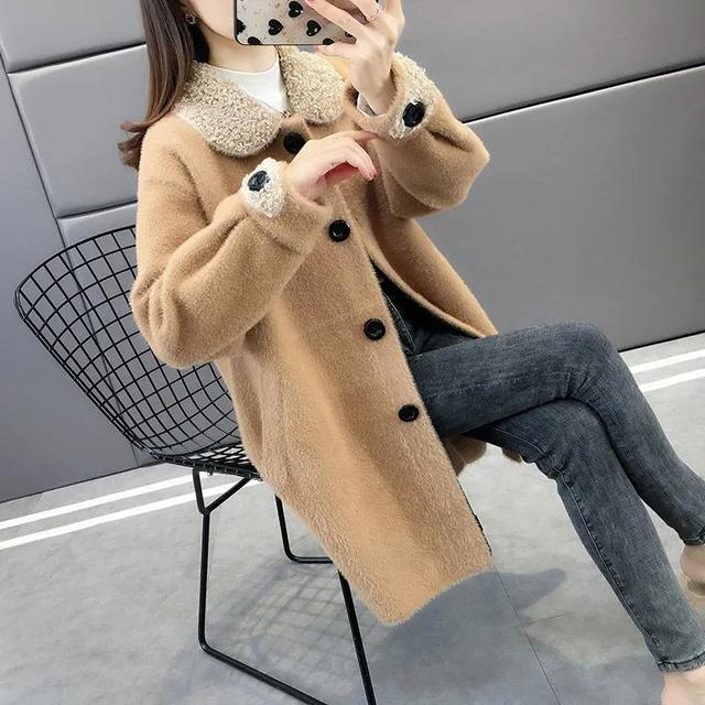 Imitação de vison veludo sólido gola virada casacos femininos coreano malha cardigan elegante manga longa topos outono outerwear solto feminino