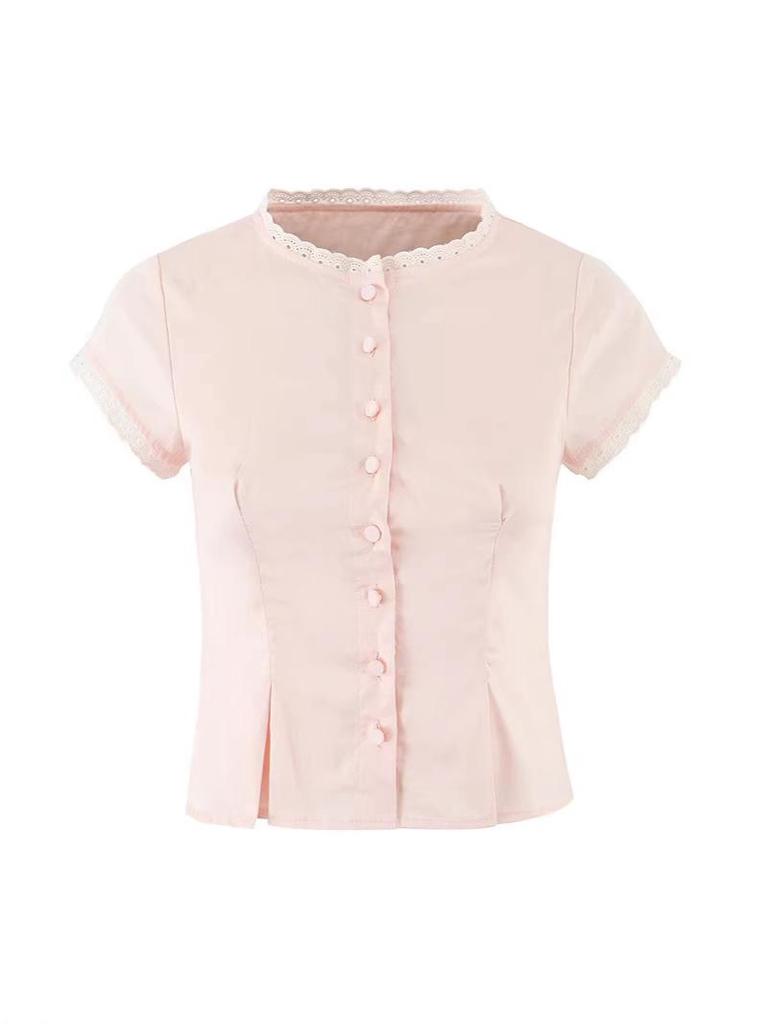 Lace Patchwork Button Top & Elastic Waist Skirt Set