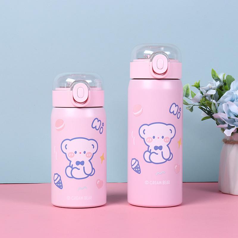 Cute Bear Insulated Water Bottle 304 Stainless Steel Double Wall Vacuum Flask Portable Leak-Proof Travel Mug For Students Kids