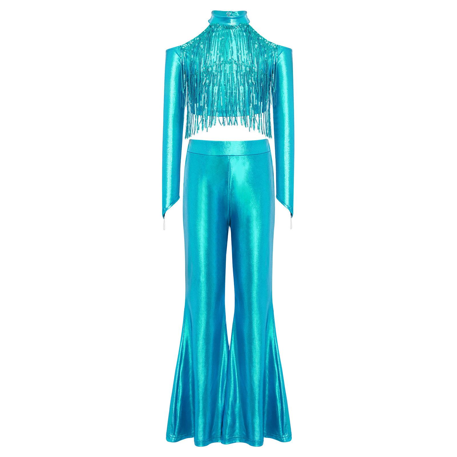 

Girls Shiny Sequin Crop Top Cold Shoulder Finger Holes Back Zipper Bell Bottom Pants Stage Set 7-8 Years світло-синій колір
