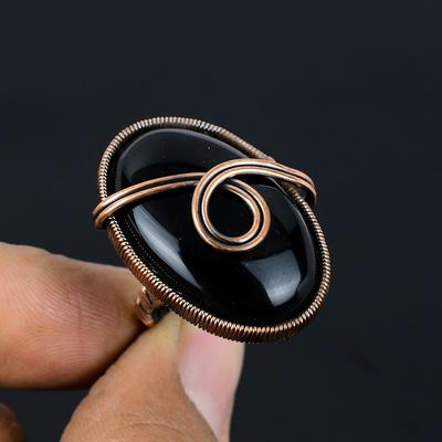 Anillo de joyería hecho a mano envuelto en alambre de cobre con piedra preciosa de ónix negro, regalo para ella