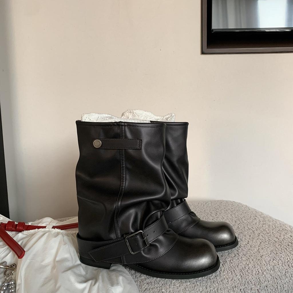 Cowhide version of grape mother, the same Spice Girl pant tube boots, women's fashionable wasteland wind pleated buckle, western cowboy boots, shor