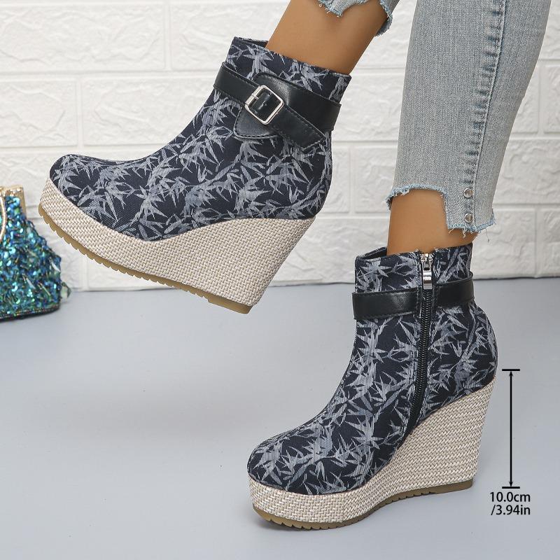Bottes Courtes Fashion Plateformes Épaisses Automne pour Femmes, Fermeture Éclair Latérale, Boucle de Ceinture, Style Compensé Daim, Disponibles En Grandes Tailles.