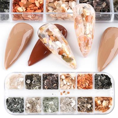 12 mřížek/sada nepravidelných nehtů Abalone Shell Slice Přírodní slídový kámen Fragment Polish DIY Manicure Paillette