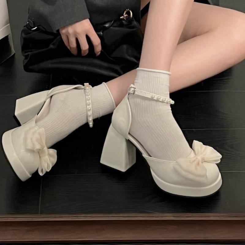 Fashion Waterproof Platform High Heels Summer New Round Head Shallow Mouth Butterfly Knot Pearl Belt Non-slip Single Shoes