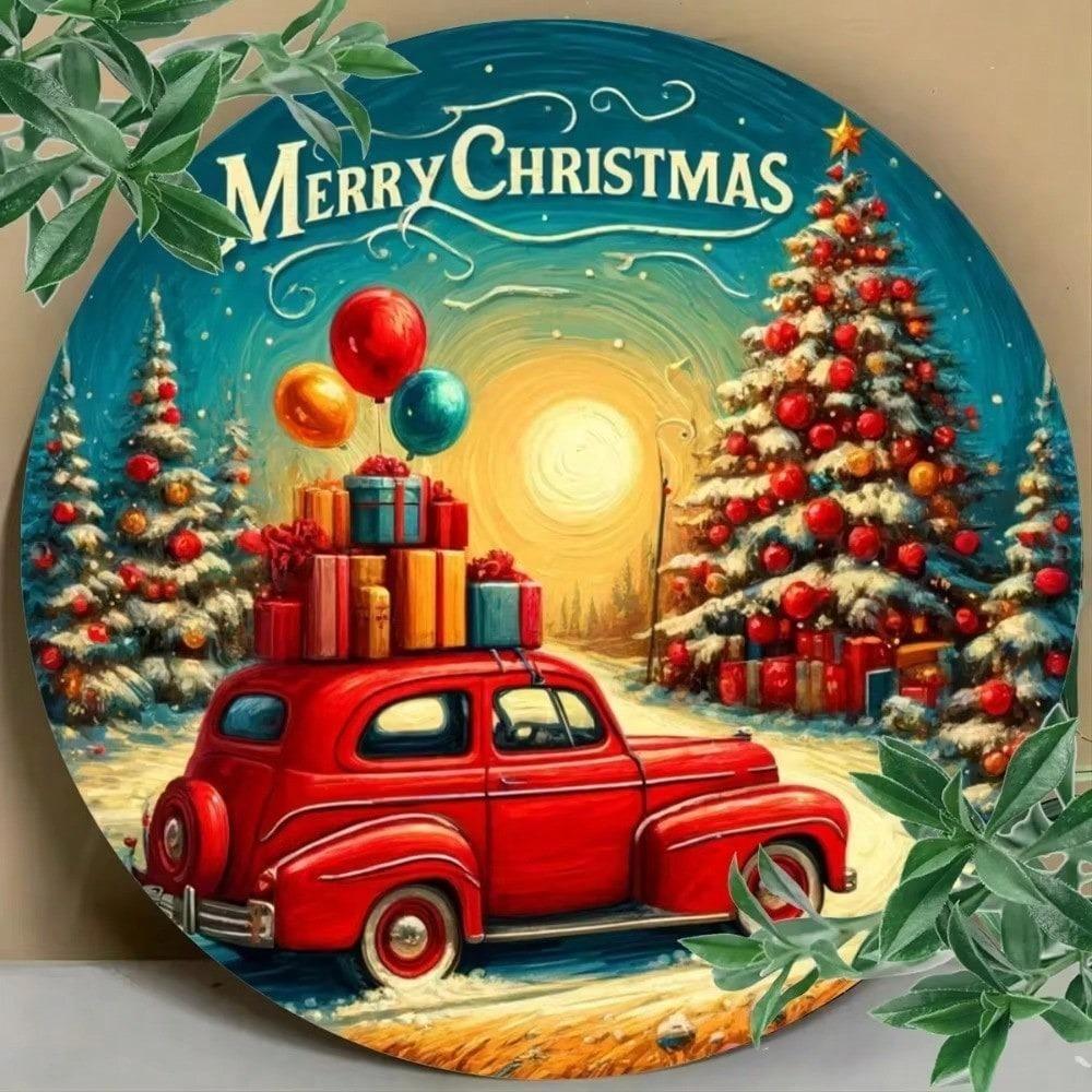 Vintage Christmas Metal Round Wall Sign Rustic Iron Holiday Decor Man Cave Garage Art Durable Weather Resistant
