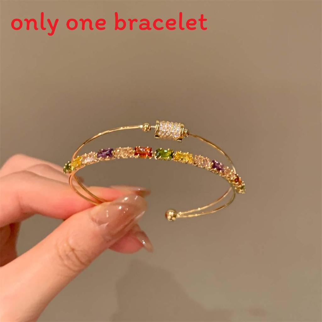 

Geometric Zircon Rectangular Double Layer Bracelet For Elegant Office Wear Colorful Gold