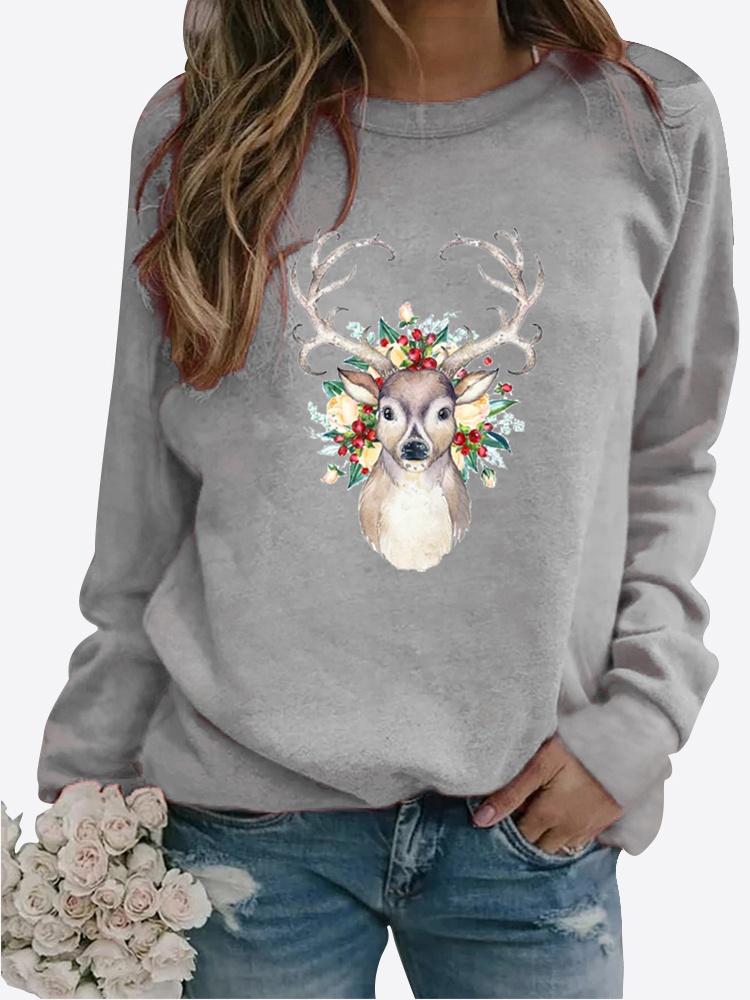 Autumn and Winter Women's Christmas Theme Printing Sweater Round Neck Long Sleeve Casual Sweatshirt Plus Size Top