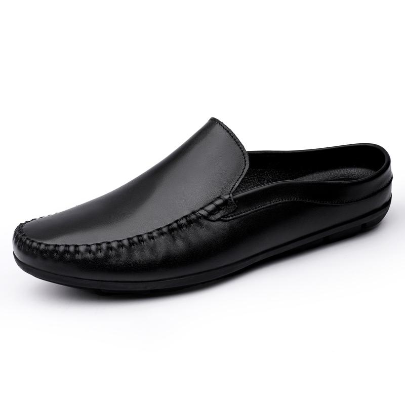 New Men Casual Genuine Leather Classic Boat Shoes Half Loafers Shoes High Quality Half Slipper Flat Lazy Shoes Men Muller Shoes