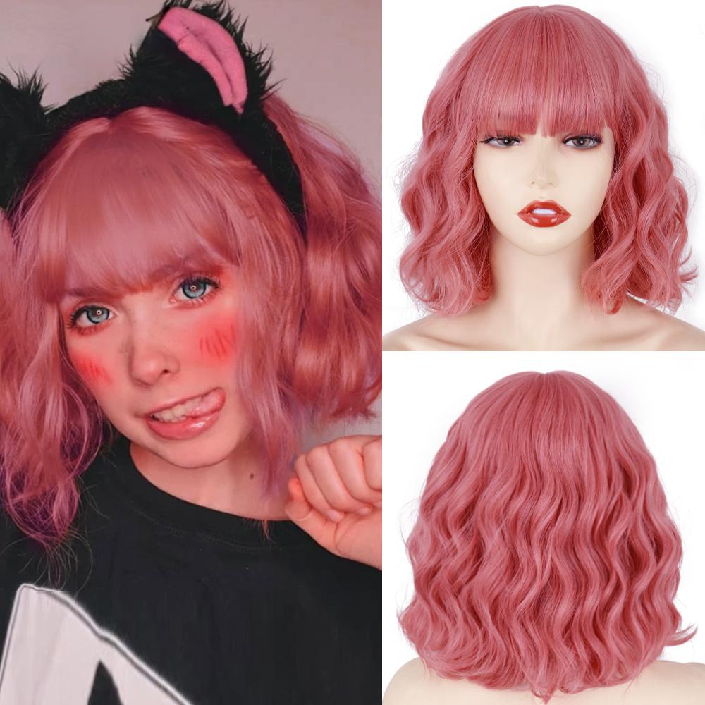 MERISIHAIR Brązowe krótkie peruki Bob Wave z grzywką Blond dla kobiet Naturalne odporne na ciepło syntetyczne peruki Codzienne noszenie Cosplay Kręcone włosy