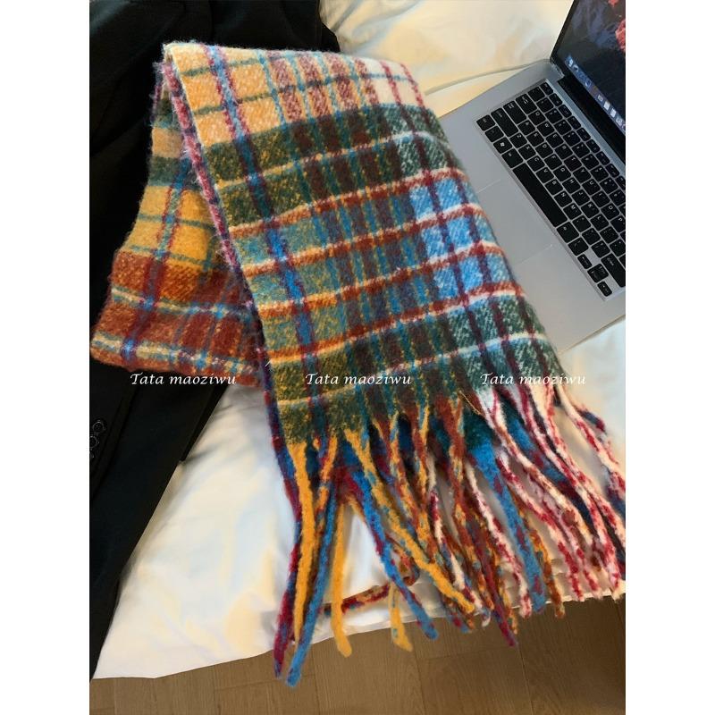 Rainbow plaid scarf women's winter imitation cashmere versatile color matching fringed shawl thickened scarf