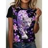 Tricou Casual de Damă cu Gât Rotund, Mânecă Scurtă, Imprimeu Colorat 3D