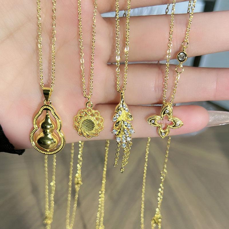 Necklace Women's Four Leaf Clover Leaf Tassel New Chinese Fulu Rotating Gourd Light Luxury Personality Versatile Fashion Clavicle Chain