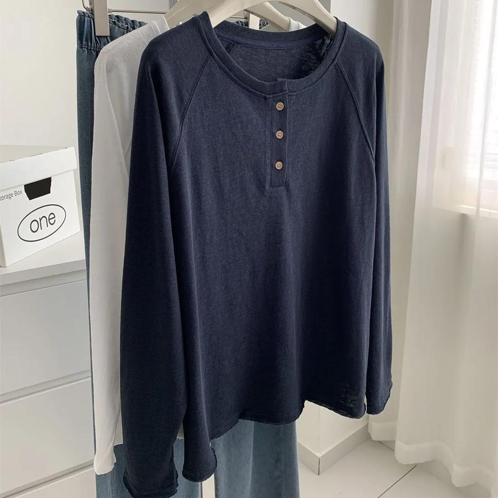 Korean Style Relaxed Minimalist Long-sleeved Tops for Women Autumn Loose T-shirt Bottoming Shirt