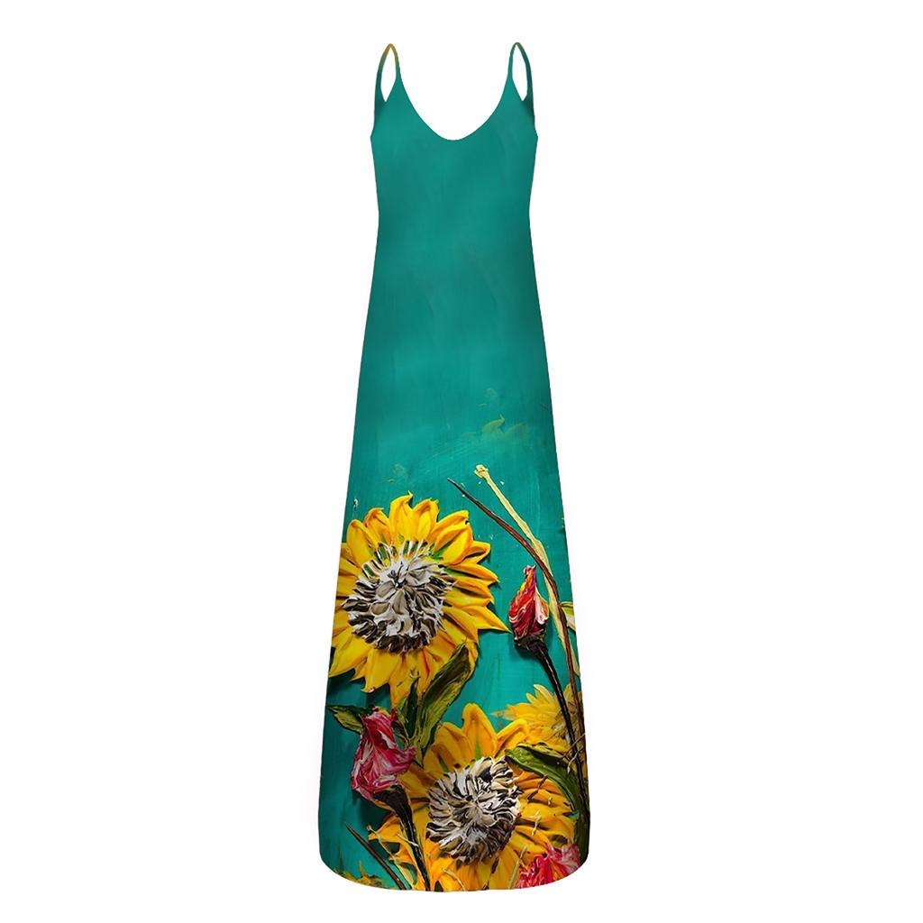 Women Summer  Sunflower Print Sleeveless Plus Size Pullover Long Dresses