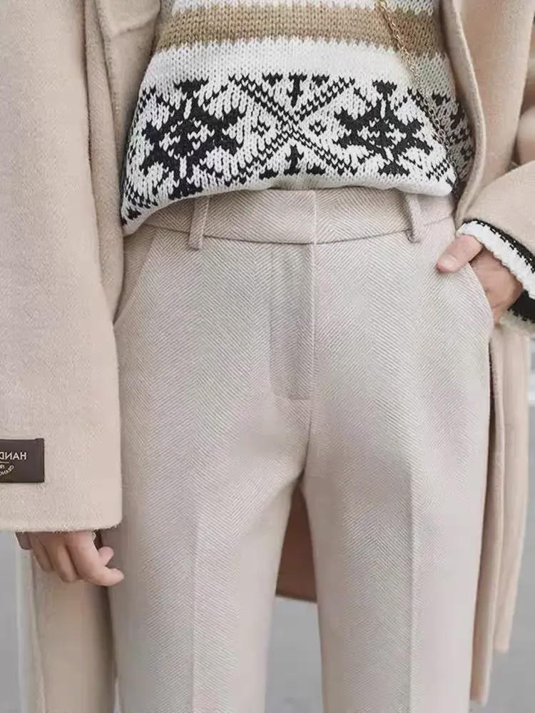 Damen High-Waist Fischgräten-Wollhose: Schlank, Lässig und Professionell