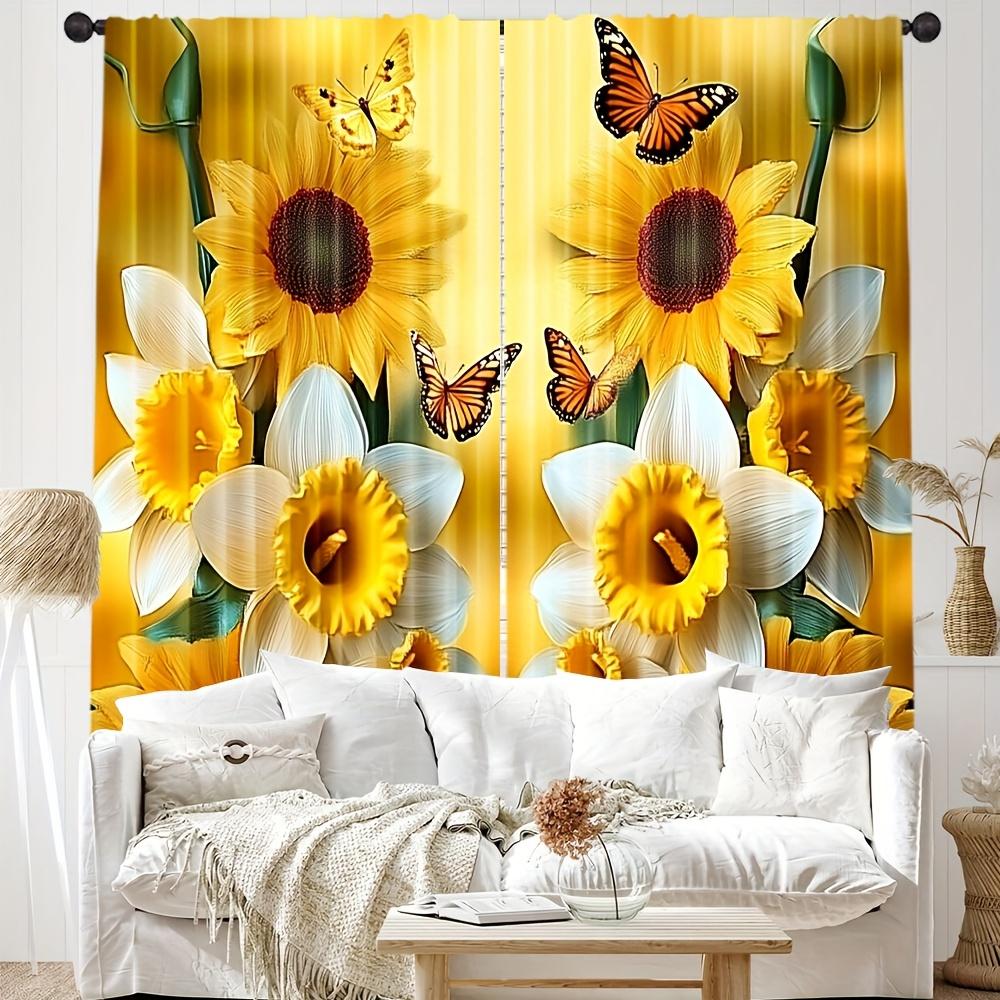 Sunflower Butterfly Print Curtains Polyester Pocket Rod Top Bedroom Living Room Office All Season Home Decor Curtain Ideal For Sitting