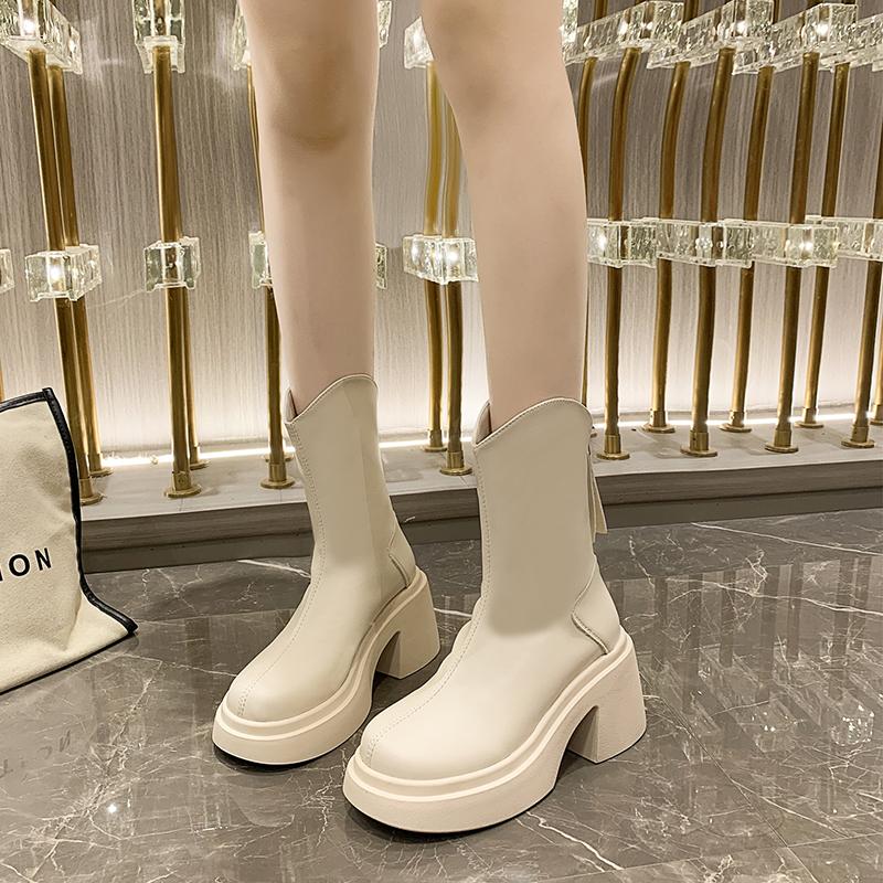 Autumn And Winter New Trend Fashion French Thick-Soled Thick-Heeled Round-Toe Waterproof Platform High-Heeled Fashion Boots