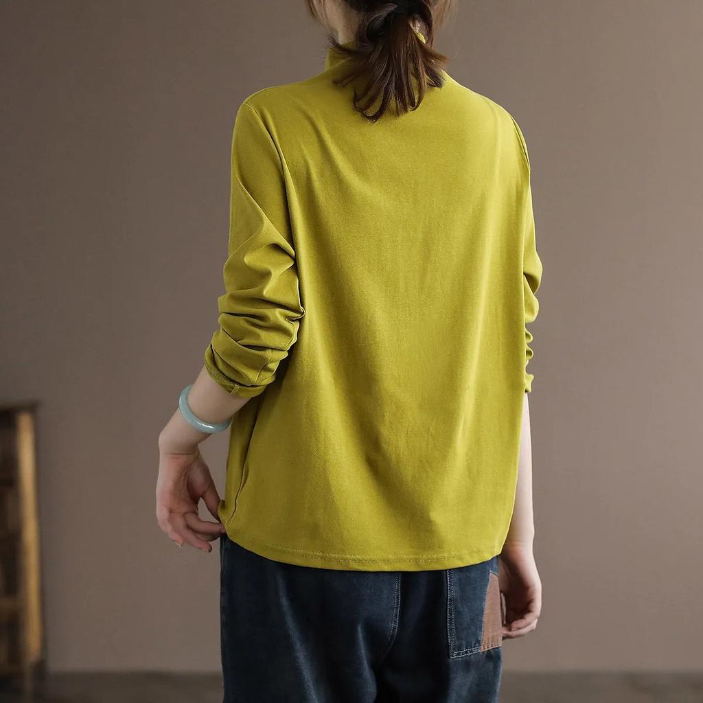 Neues vielseitiges Langarm-T-Shirt mit hohem Kragen und einfarbig für Damen in Übergröße, Damen Locker Slim Basic-Shirt