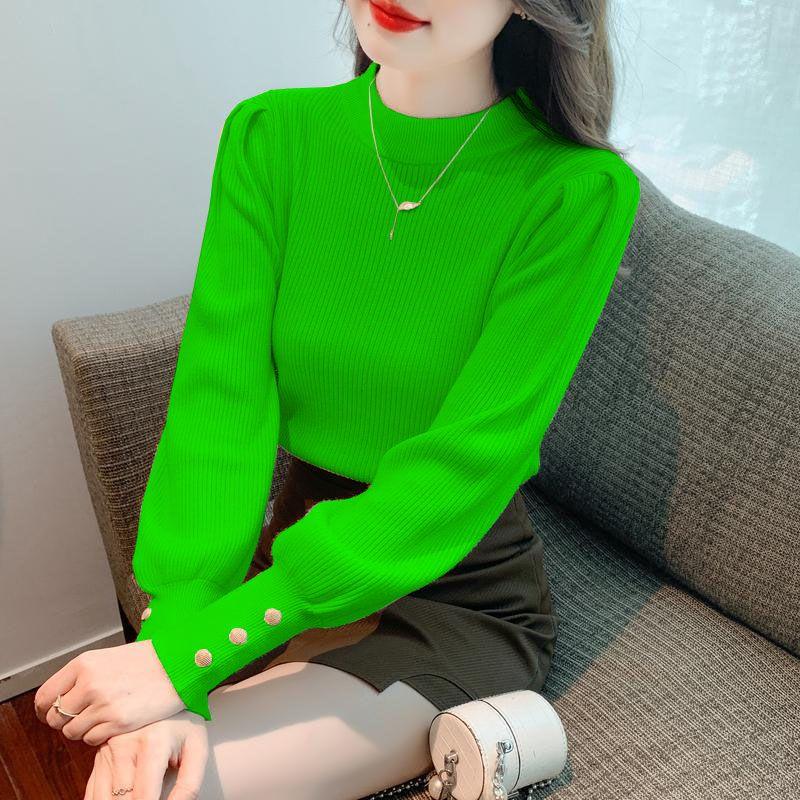 Fashion Autumn Winter Women Sweaters Solid O-Neck Slim Puff Long Sleeve Female Clothing Rose Pink Knitted Casual Pullover Tops