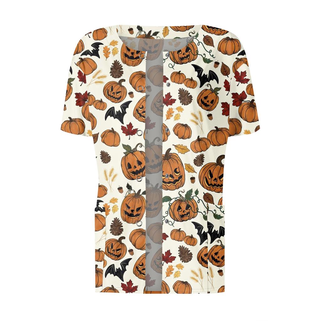 Women's Short Sleeved Patterned Pockets, Work Print Stand Up Collar, Single Breasted Protective Clothing, Cardigan Jacket, Top