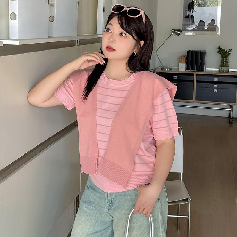 Plus Size Women Summer Knit Lace Up Shawl Half Sleeve Pullover Blouse