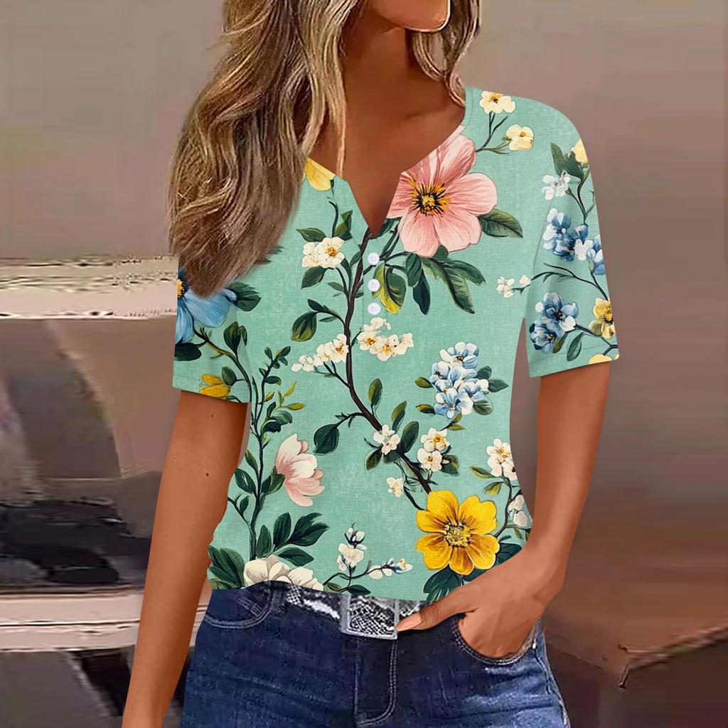 Women's T Shirt Print Button Short Sleeve Daily Weekend Fashion Basic V-Neck Regular Top