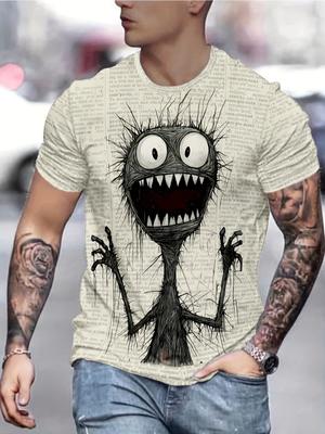 Pánské letní tričko s krátkým rukávem a kulatým výstřihem s 3D potiskem a grafikou Monster, volný top