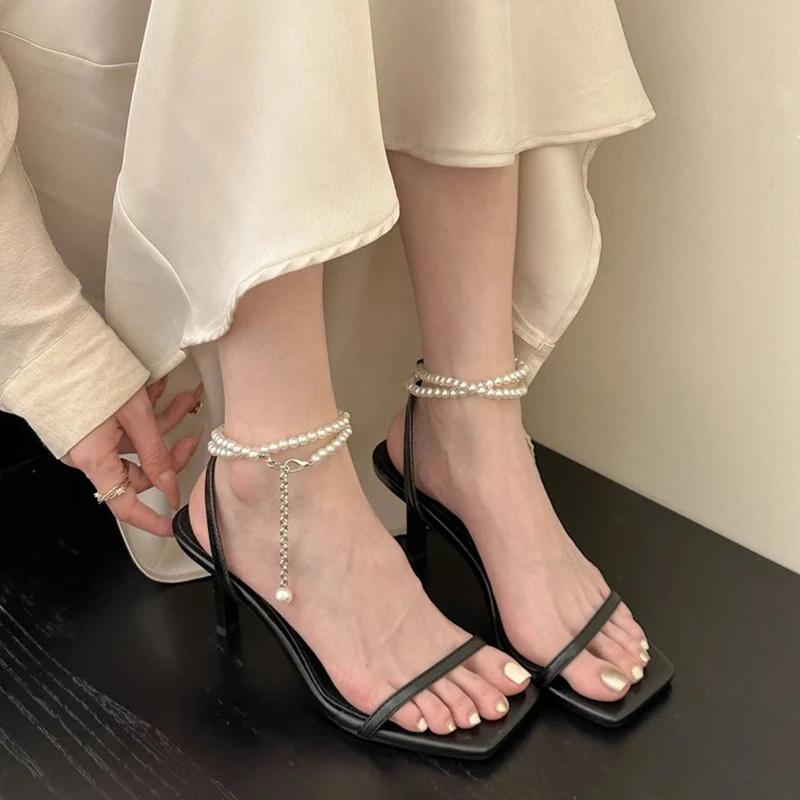 Fashion Elegant Ankle Staps String Bead High Heels Sandals Ladies Thin Heels Open Toe All-Match Shoes Woman New Luxury Stiletto Mujer