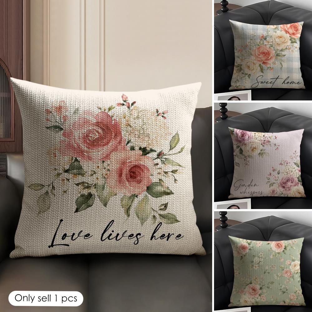 Rose Plaid Print Cushion Cover Linen Organic Fabric DoubleSided Printing Sofa Breathable Home Decor Gift Pillow Case