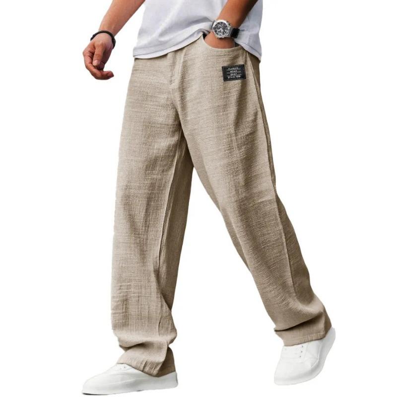 Mens Casual Linen Elastic Waist Loose Straight Long Pants
