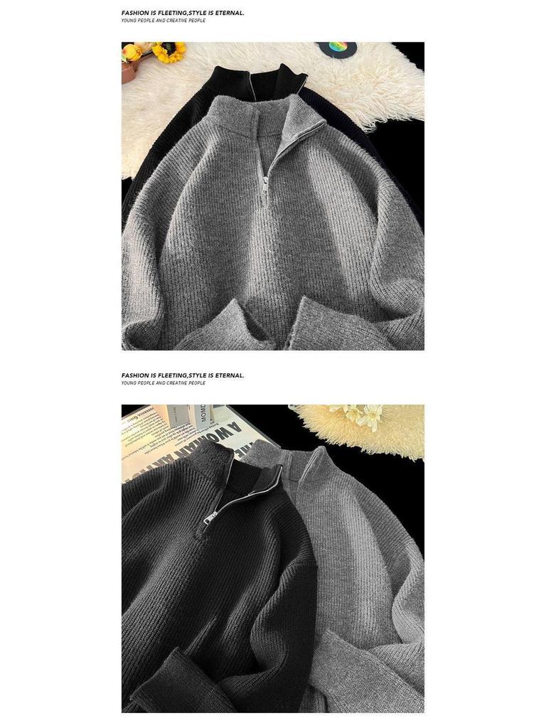 Zipper Korean Style Men's High Neck Pullover Sweater - Autumn/Winter Trendy Knitwear with Soft Texture.