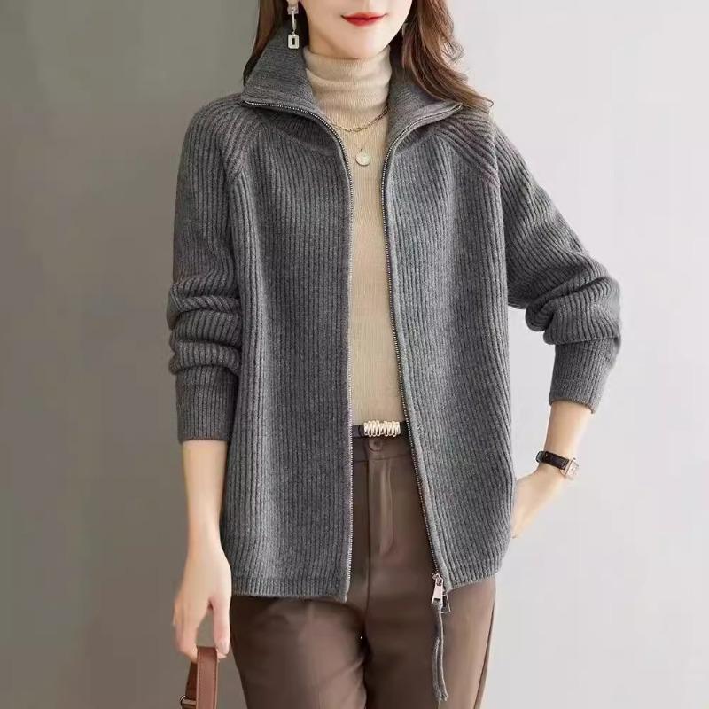 Solid Color Autumn and Winter New Loose Double Zipper Sweater Jacket for Women's Lazy Style Large Size Casual Knitted Cardigan for Women