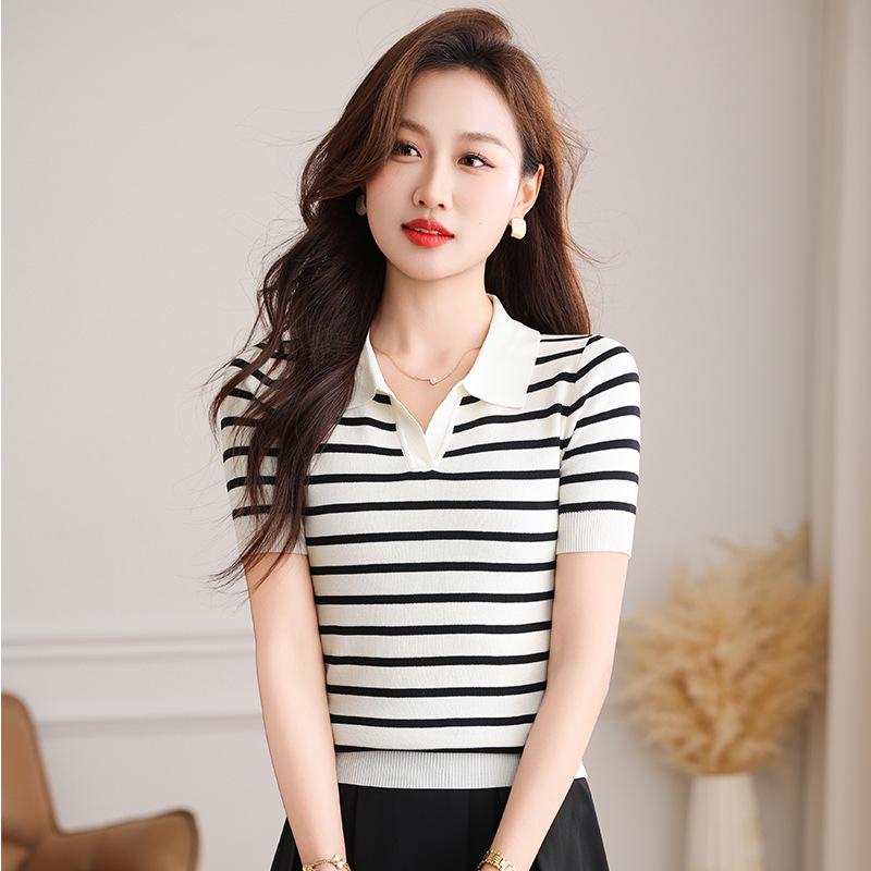 

Модный женский полосатый трикотажный топ с коротким рукавом - летняя рубашка Ice Silk с лацканами длиной до талии