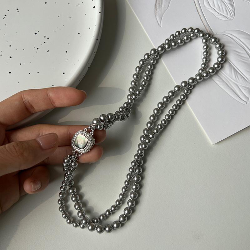 Zircon double-layer pearl square necklace light luxury niche versatile collarbone chain fashionable and elegant high-end necklace