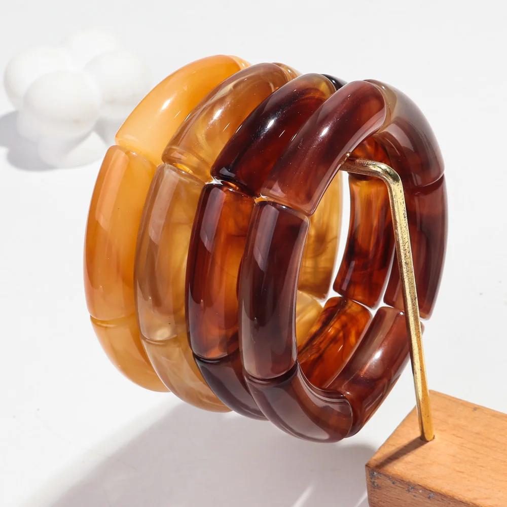 Fashion Acrylic 4PCS/Set Resin Amber Bamboo Bead Elastic Bracelet Bangles Tube Beads Handmake 2026 Trendy Designer Bracelet Set