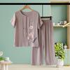 Conjunto de dos piezas de lino y algodón para mujeres mayores, con top holgado floral de manga corta con cuello redondo y pantalones de pierna ancha, ropa informal para estar en casa.