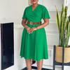 V Neck Short Sleeve Dresses for Women Belt Waisted Pleated Mid Calf Fashion Female Birthday Party Dinner Vestidos Mujer