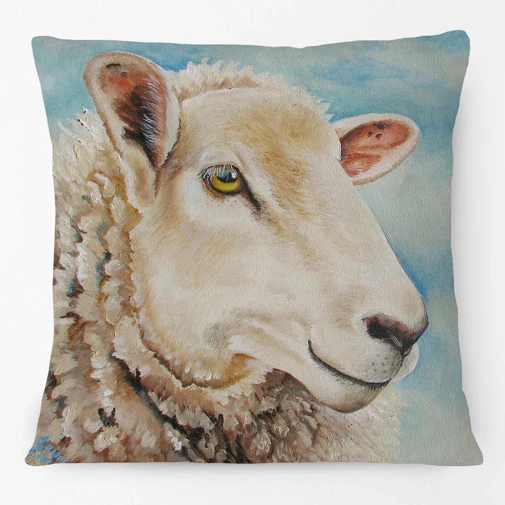 Oil Painting Farm Animals Poster Cushion Cover Cow Sheep Goat Rustic Style Home Decorative Square Pillow Case