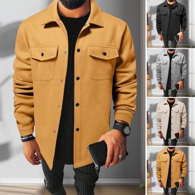 Men Autumn Winter Solid Color Shirt Lapel Long Sleeve Flap Pockets Jacket