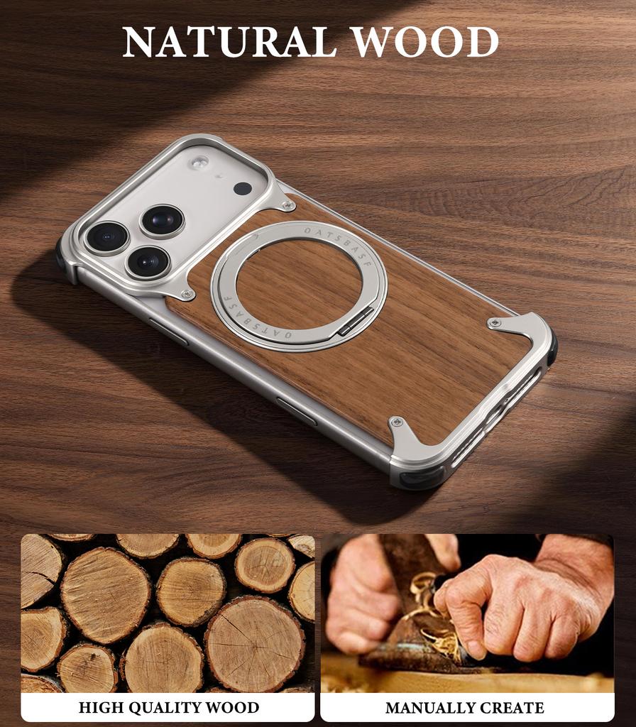 Oatsbasf Solid Wooden Phone Case for IPhone 17 16 Pro/Pro Max with Ring Stand 360° Rotation Magnetic Shockproof Protective Cover
