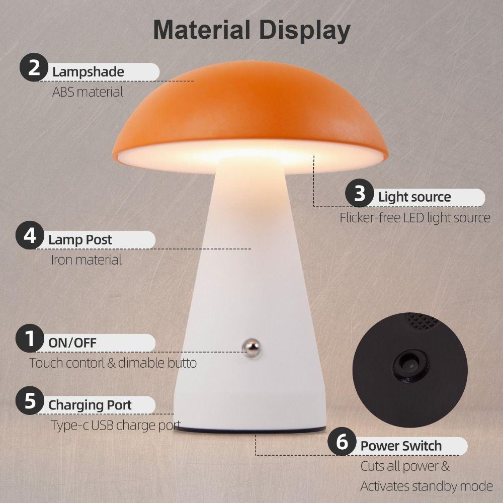 Touch-Activated Mushroom Lamp 3 Color USB Rechargeable Touch Desk Light Extended Illumination Dimmable Dimmable Light Bedroom