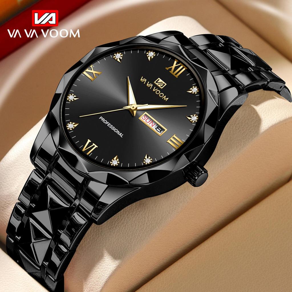 VA VA VOOM Quartz Watch Men Top Brand High Quality Stainless Steel 30M Waterproof Luminous Date Week Sports Business Wristwatches Women Quartz Watch