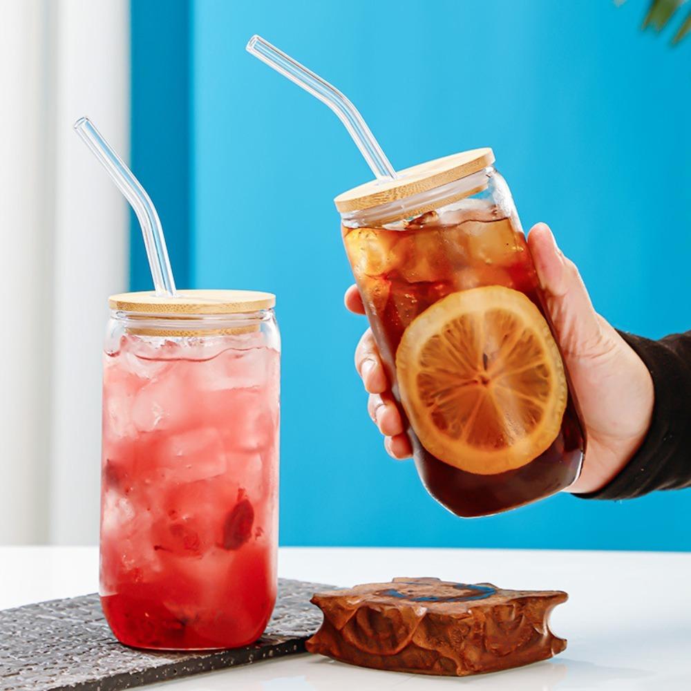 Spill-Proof Glass Can Shaped Cups 500/600 ML Glass Straw Cup Household Glass Drink Cup  Restaurant