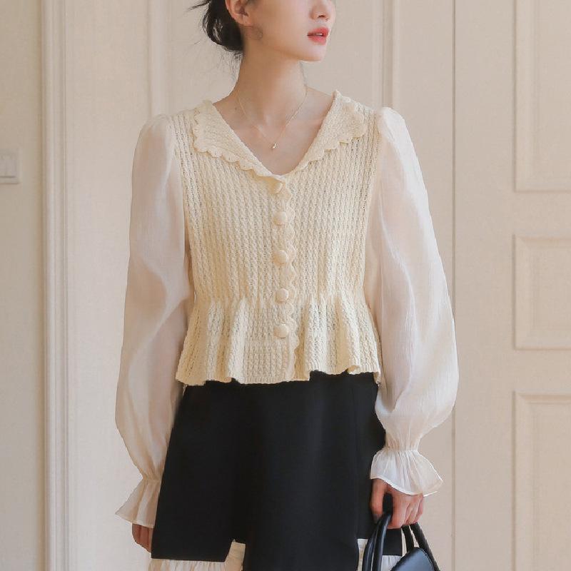 

Ранняя осень новый милый и симпатичный кардиган с вязаным воротником-куклой, женский свитер с рукавами-буфами, омолаживающий однотонный свитер-жакет one size fits all