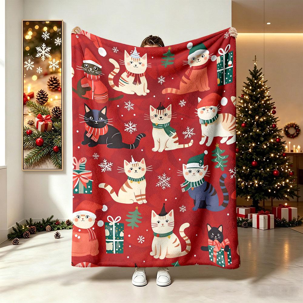Christmas Cute Cat Santa Hat Gift Pattern Flannel Blanket Soft Warm Couch Nap Blanket Xmas Decor Holiday Present For Home Use