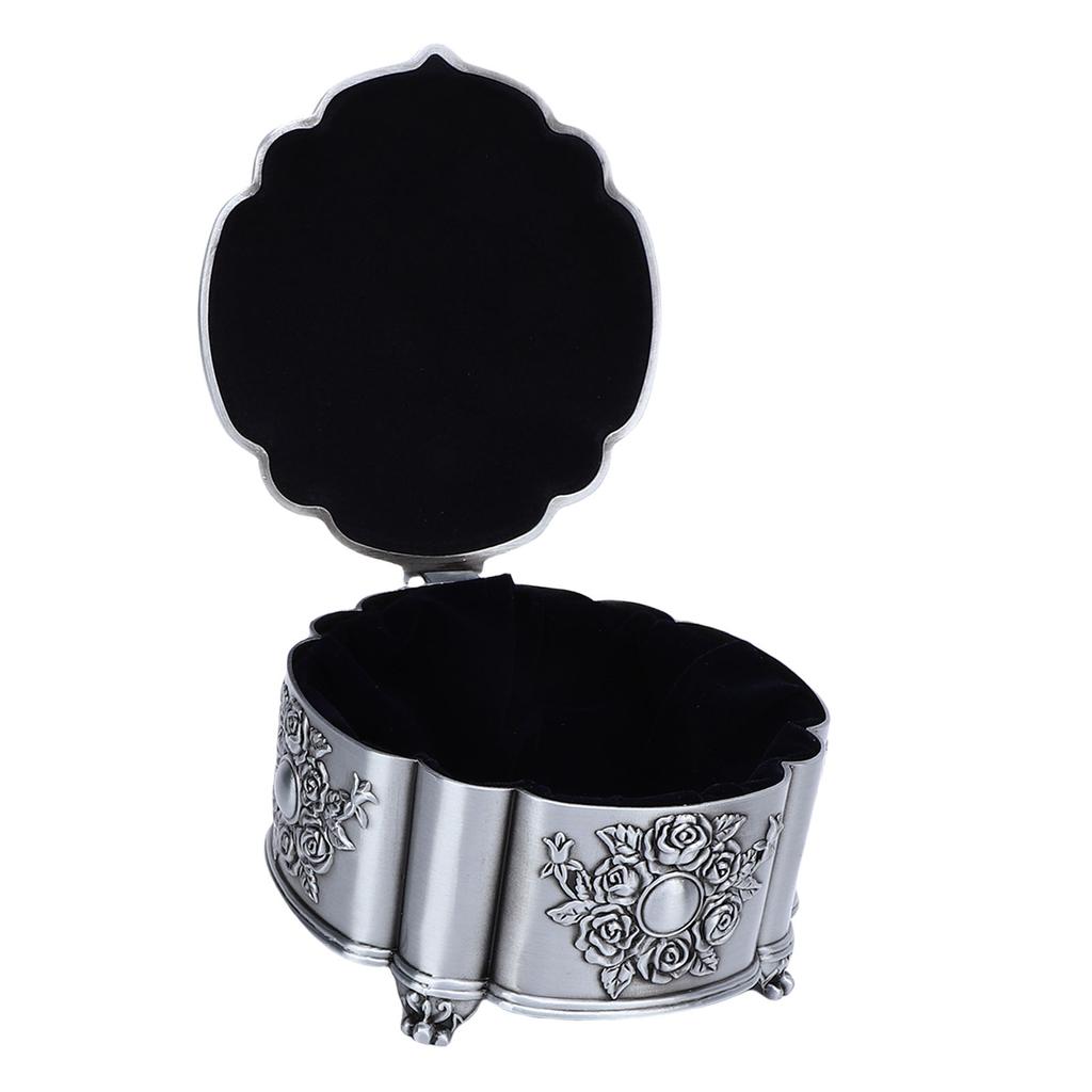 Vintage Jewelry Storage Box Zinc Alloy Antique Trinket Organizer Keepsake Box Emboss Rose Pattern Velvet Interior for