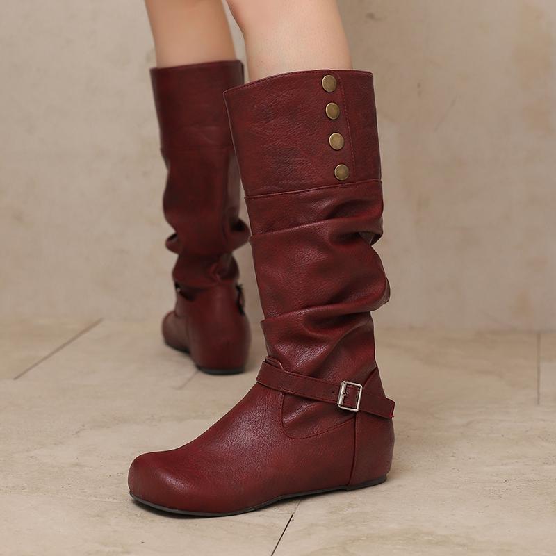 Women's flat-bottomed casual boots autumn and winter new inner height increase solid color large size medium boots
