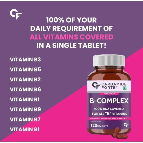 Carbamide Forte Vitamin B-Complex Tablets - 100% RDA for B Vitamins with B1, B2, B3, B5, B6, B9 & Vitamin B12 - 120 Vegetarian Tablets